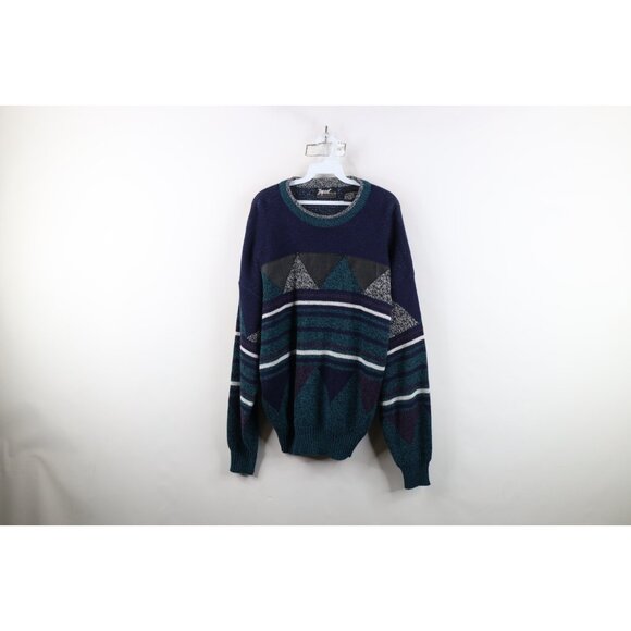 Vintage 90s Streetwear Mens Large Striped Geometric Leather Trim Knit Sweater